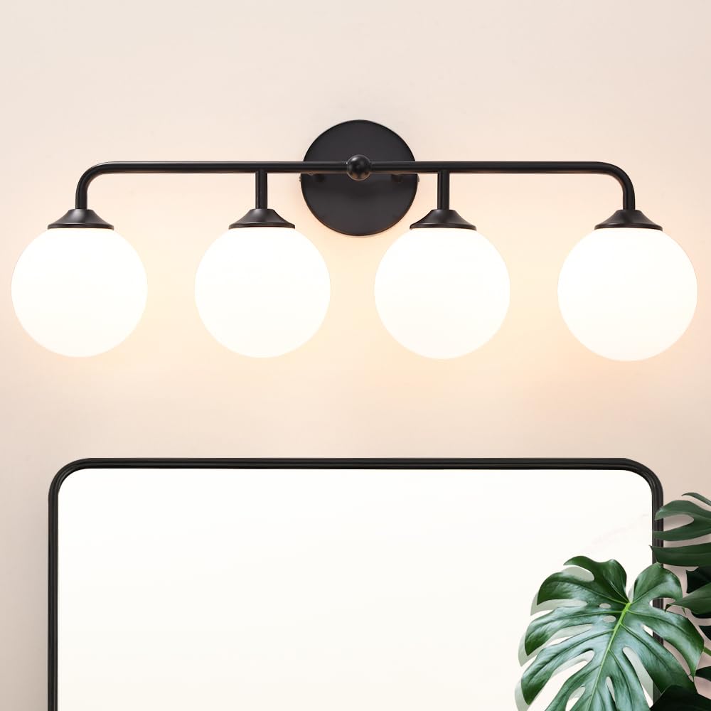 Modern Brushed Gold 3-Lights Vanity Light Fixtures with Milky White Glass Ball Shades, Mid Century Brass Wall Sconce Lighting Fixtures over Mirror, Wall Sconces for Bathroom Dressing Table Bedroom
