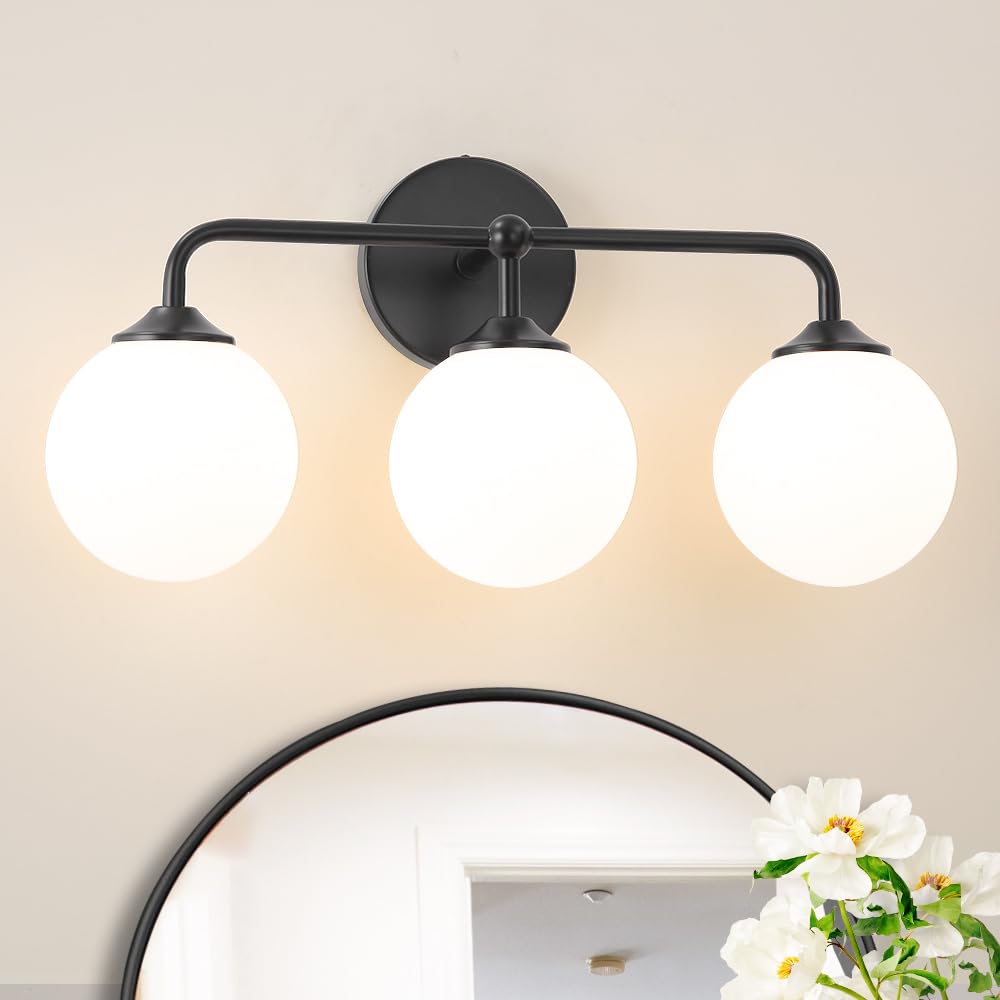 Modern Brushed Gold 3-Lights Vanity Light Fixtures with Milky White Glass Ball Shades, Mid Century Brass Wall Sconce Lighting Fixtures over Mirror, Wall Sconces for Bathroom Dressing Table Bedroom