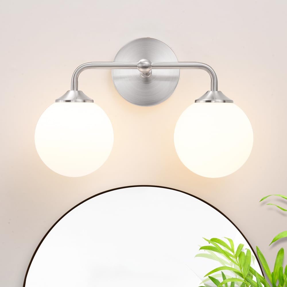 Modern Brushed Gold 3-Lights Vanity Light Fixtures with Milky White Glass Ball Shades, Mid Century Brass Wall Sconce Lighting Fixtures over Mirror, Wall Sconces for Bathroom Dressing Table Bedroom