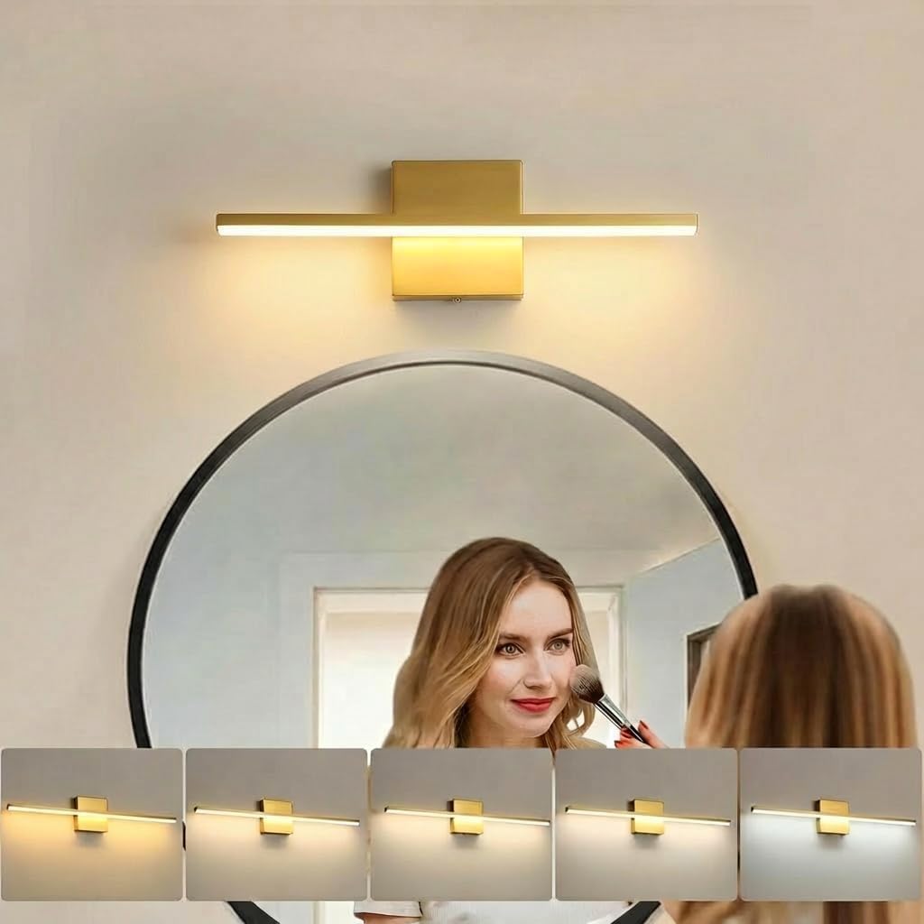 Brushed Gold Vanity Light 16 Inch Modern Bathroom Light Fixtures 14W Wall Vanity Lamp Over Mirror, Dimmable 5CCT LED Wall Sconce for Bedroom Cabinets UL Certificated