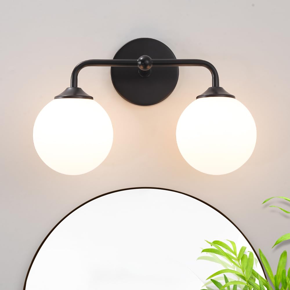 Modern Brushed Gold 3-Lights Vanity Light Fixtures with Milky White Glass Ball Shades, Mid Century Brass Wall Sconce Lighting Fixtures over Mirror, Wall Sconces for Bathroom Dressing Table Bedroom