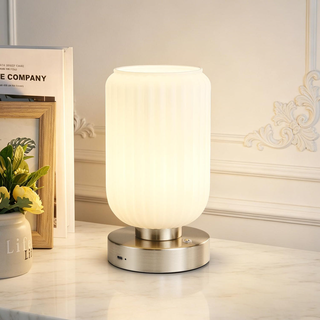 LightRound Cordless Table Lamp for Bedroom, 7500mAh Rechargeable Battery Operated Lamp, Modern Touch Dimmable Wireless Lamp Gold Base Green Glass Shade for Living Room, Desk, Led Bulb Included