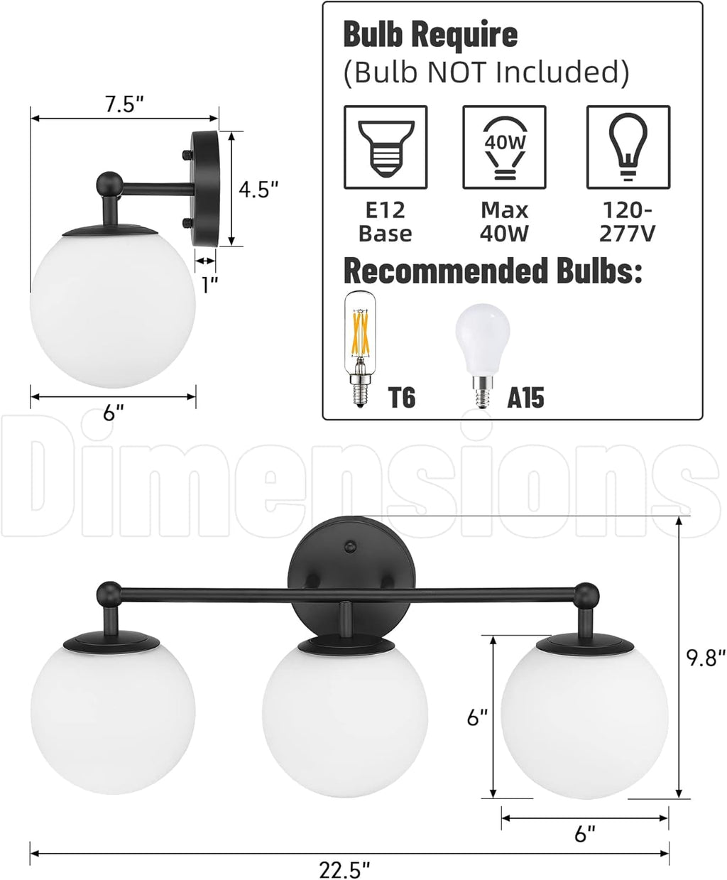 3-Light Black Bathroom Vanity Light with Milky White Glass Globe Shade, Modern Wall Sconce for Mirror Bedroom