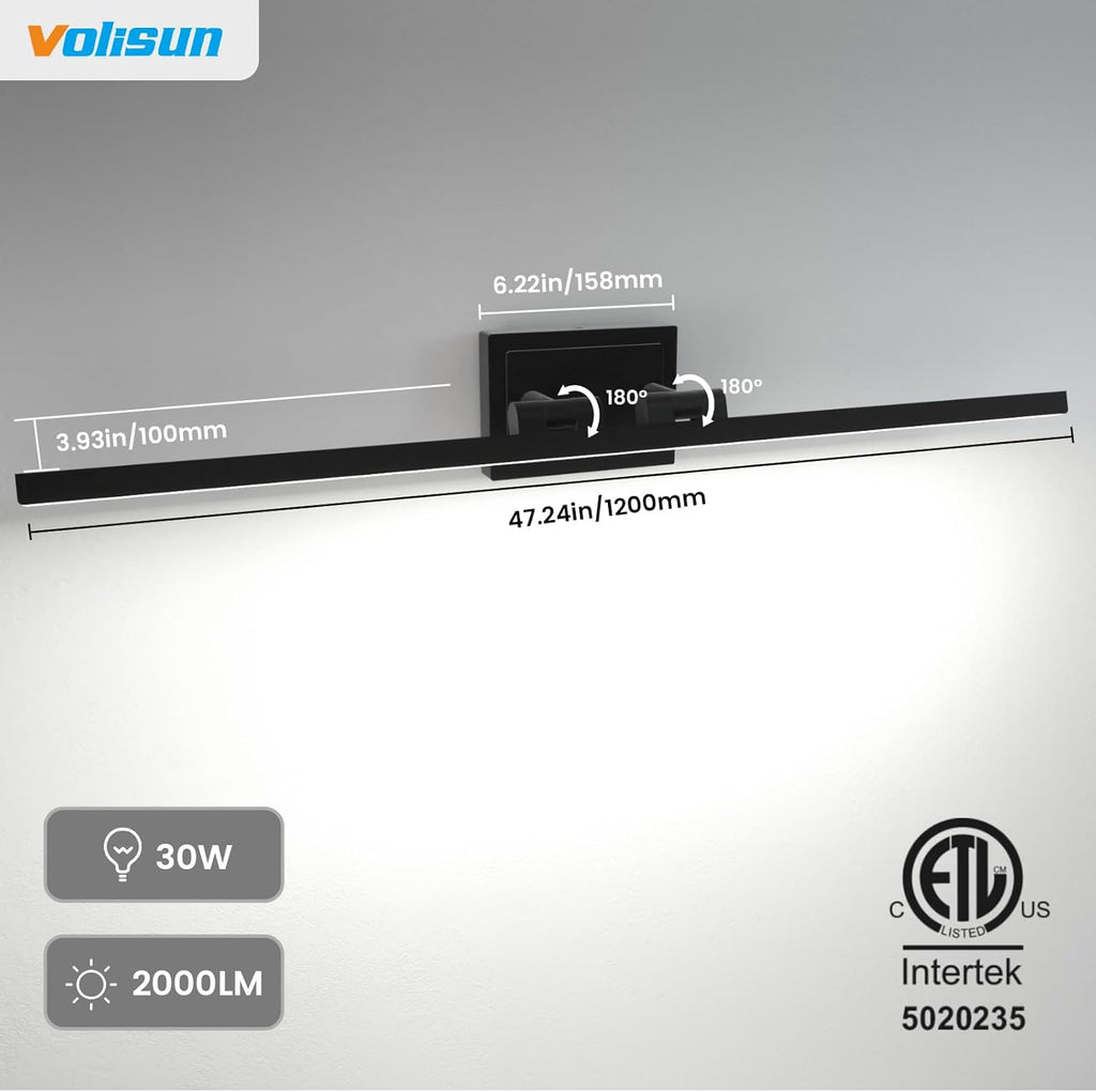VOLISUN Modern Bathroom Vanity Light 48 inch, Rotatable, 30W Dimmable 5CCT Led Bathroom Light Fixture Over Mirror, Black Bar Vanity Light for Bathroom Mirror Cabinets-ETL Certificated