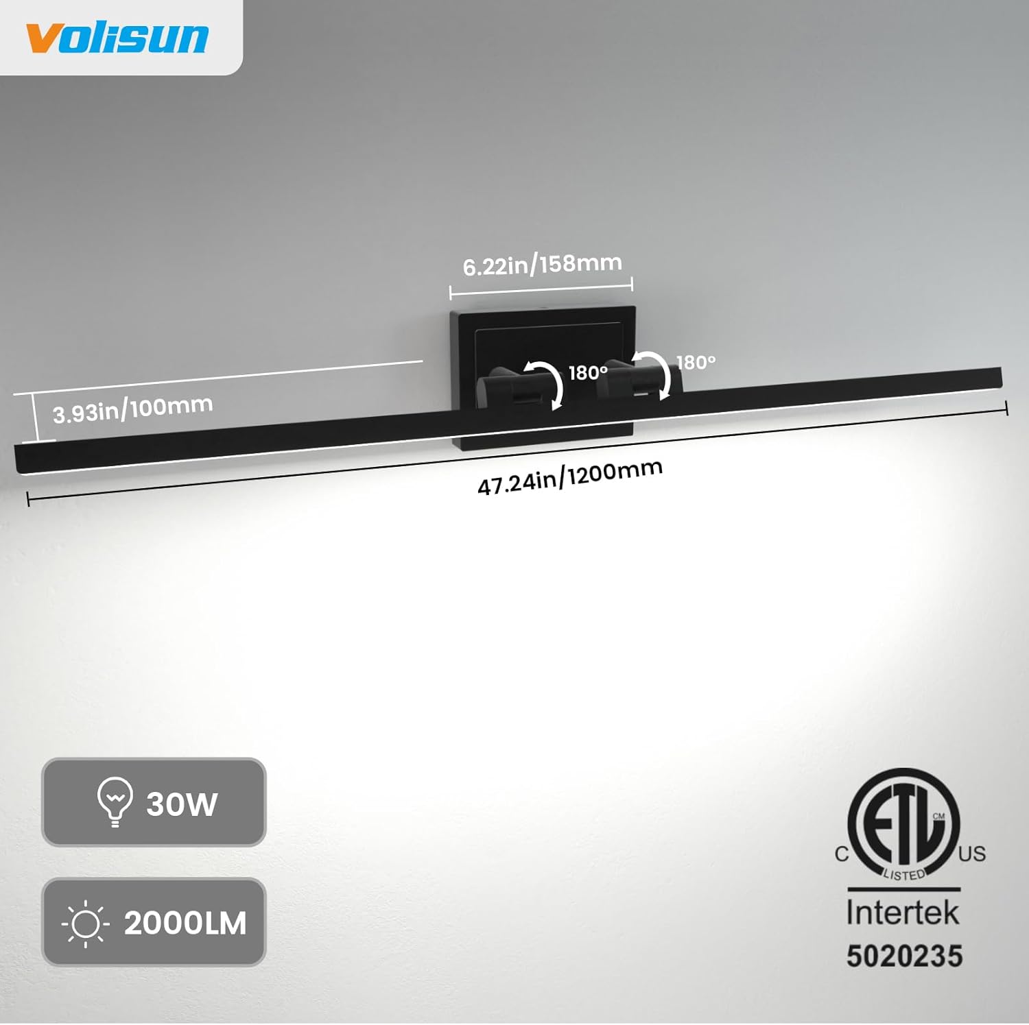 VOLISUN Modern Bathroom Vanity Light 48 inch, Rotatable, 30W Dimmable 5CCT Led Bathroom Light Fixture Over Mirror, Black Bar Vanity Light for Bathroom Mirror Cabinets-ETL Certificated