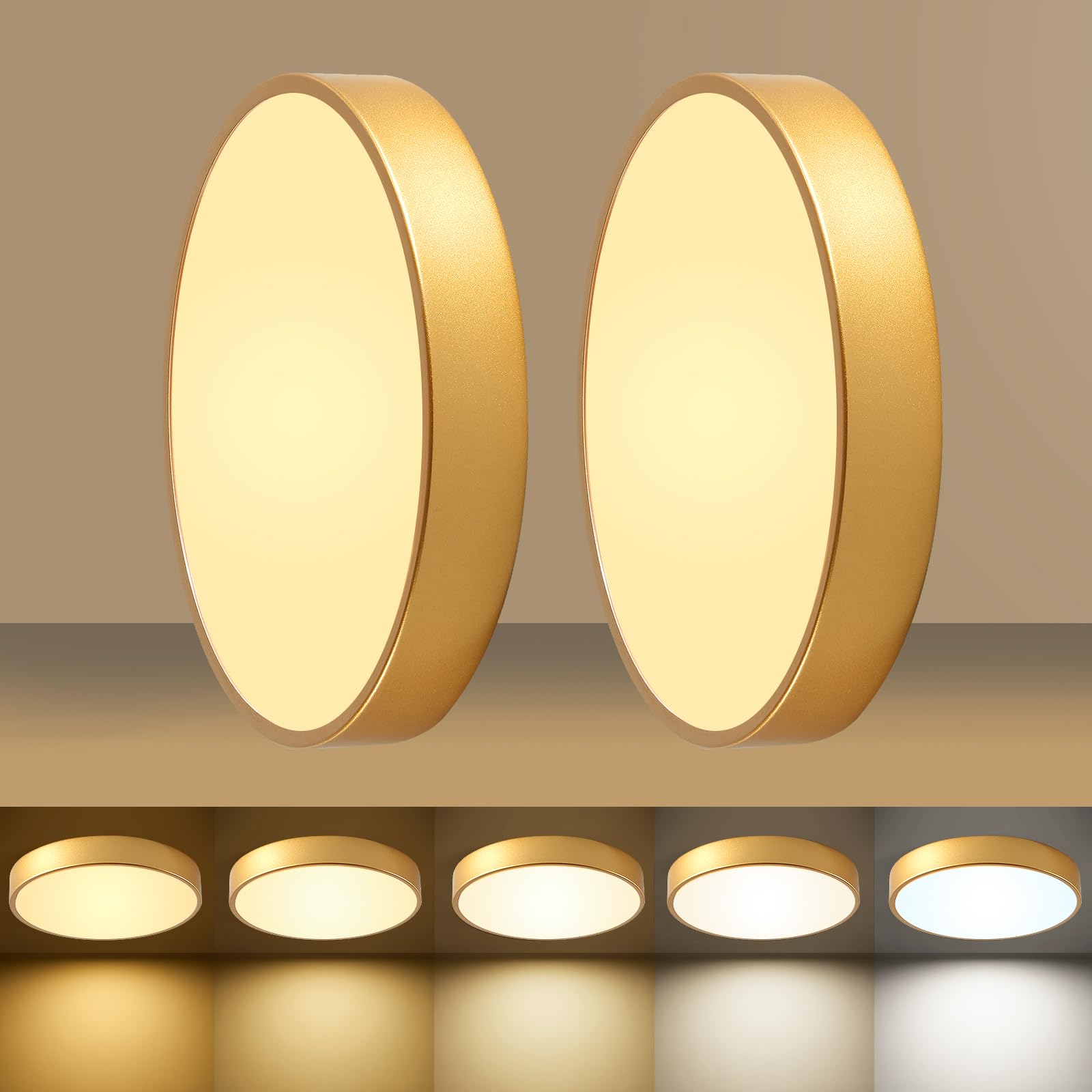 12 Inch Gold Dimmable LED Flush Mount Ceiling Light 24W 5CCT for Bedroom Kitchen Hallway