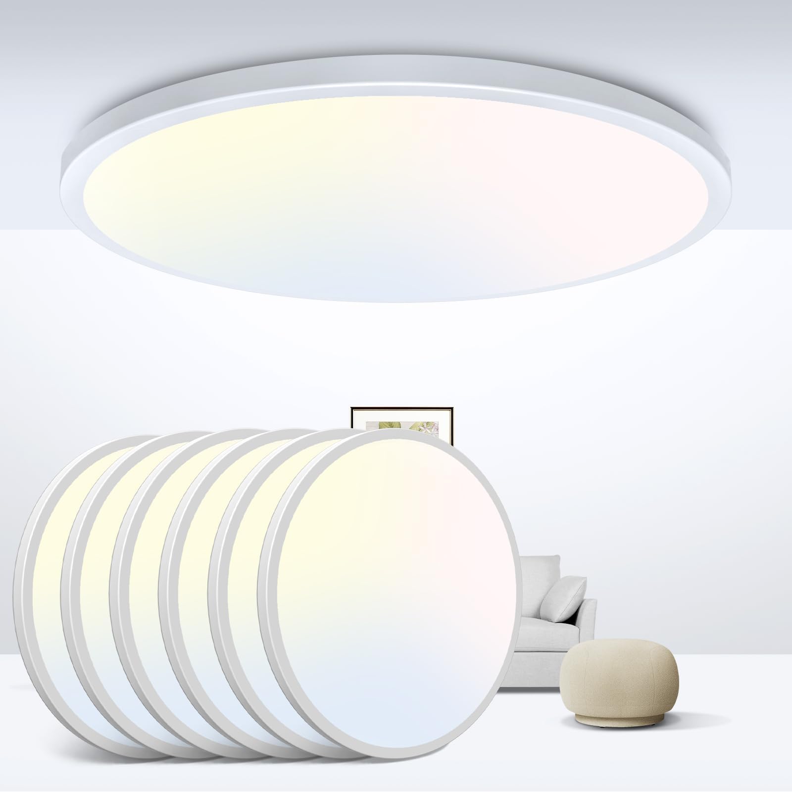 zemty 6Pack 12-Inch LED Flush Mount Ceiling Lights, 24W 3200Lumens 5 CCT Adjustable (3000K-6500K), Round Bright Light Fixture for Bedroom Kitchen Bathroom Hallway Closet(White)