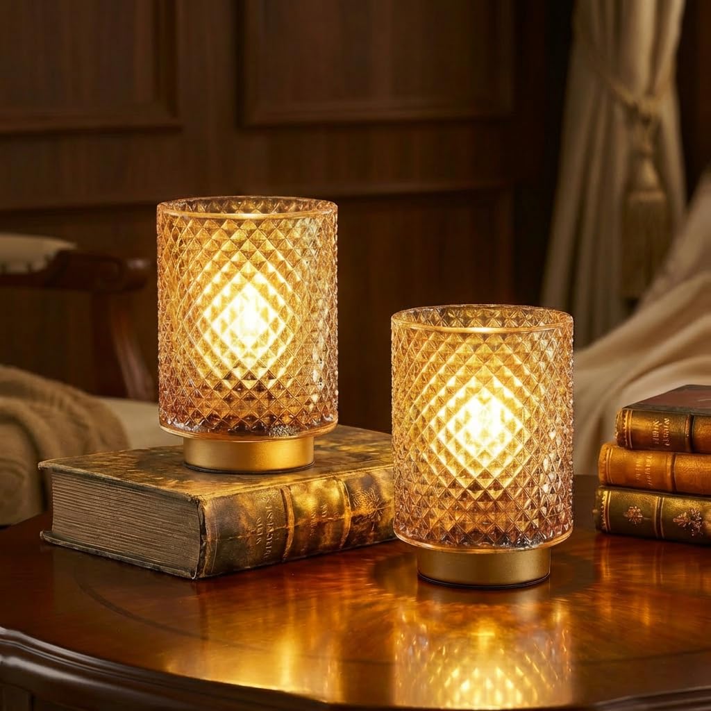 Battery Operated Lamp,Cordless Glass Accent Table Lamp with Timer for Bedside,Small Decorative Lamp with Warm White LED Bulb for Nightstand/Bookshelf/Entryway/Tabletop/Counter Decor(Iridescent Clear)