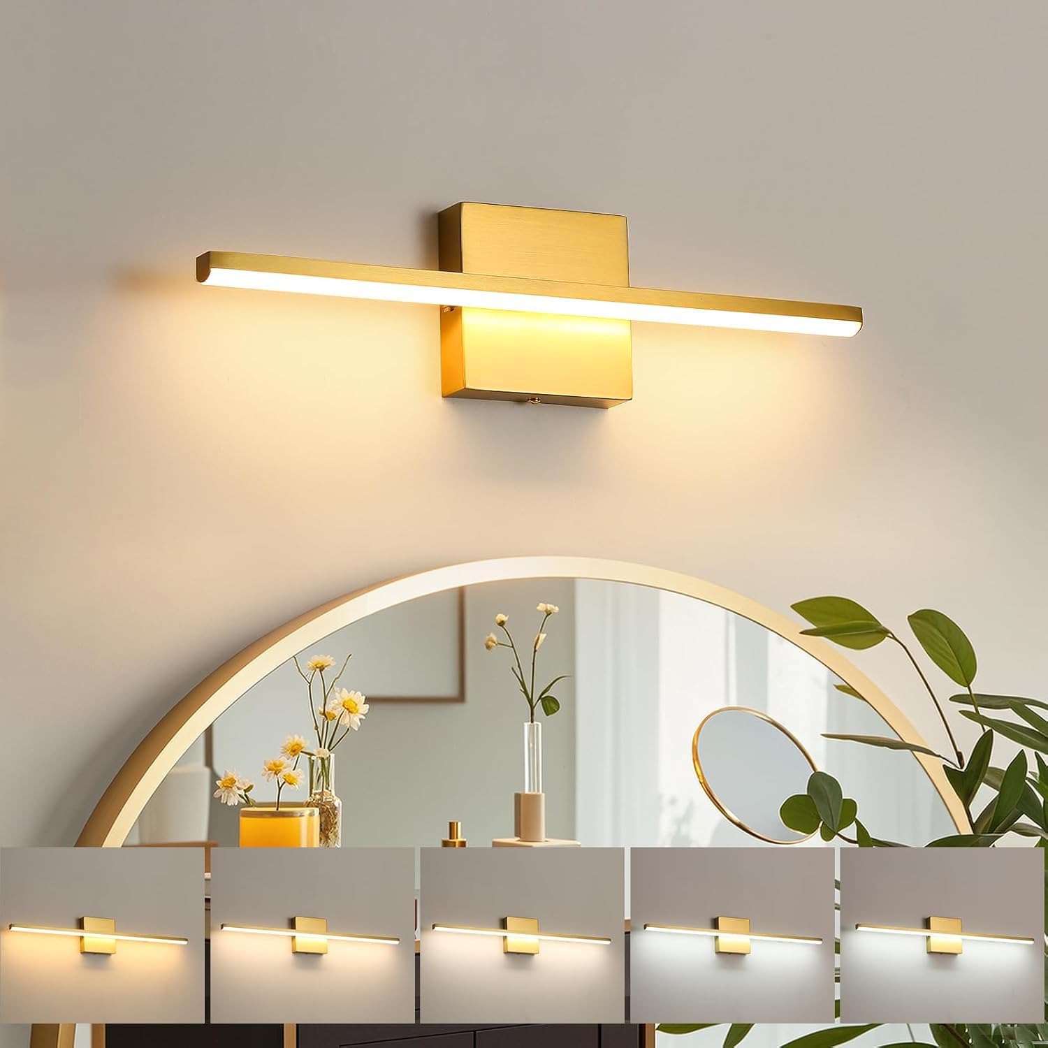 Brushed Gold Vanity Light 16 Inch Modern Bathroom Light Fixtures 14W Wall Vanity Lamp Over Mirror, Dimmable 5CCT LED Wall Sconce for Bedroom Cabinets UL Certificated