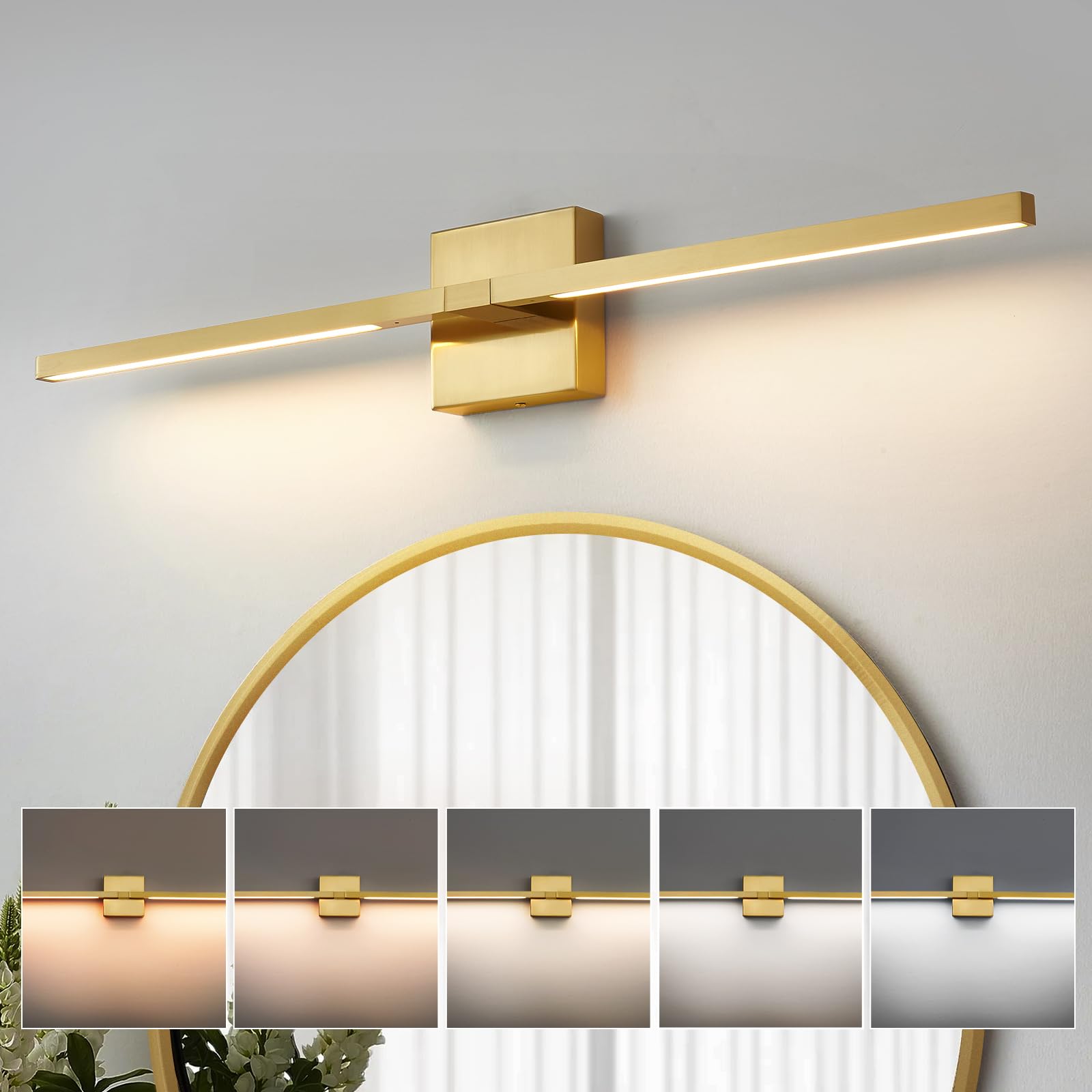 Gold Bathroom Vanity Light Fixtures - 30 inch Rotatable Modern 5CCT LED Vanity Lights for Bathroom Lighting Fixture Over Mirror Dimmable Bathroom Wall Sconce