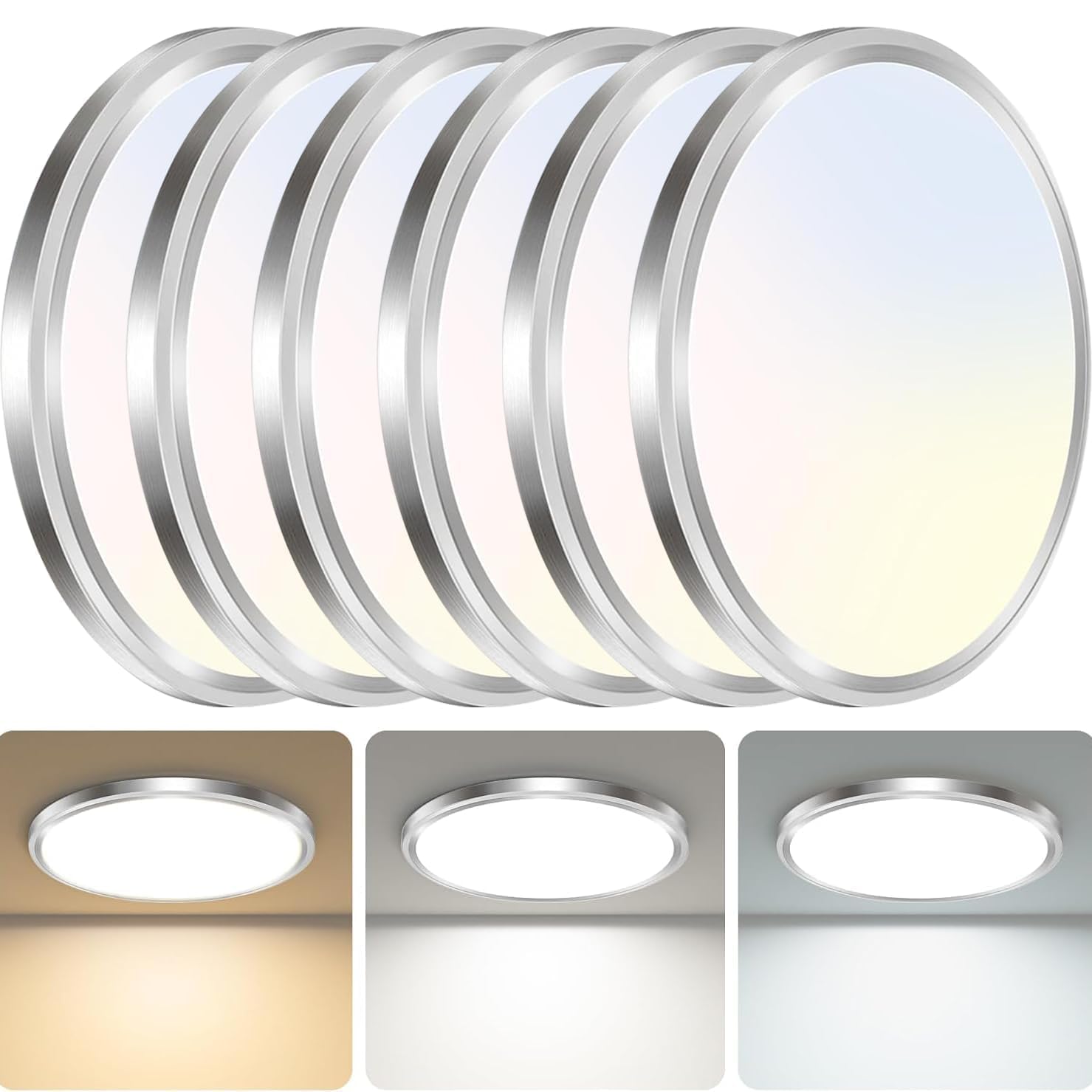 zemty 6Pack 12-Inch LED Flush Mount Ceiling Lights, 24W 3200Lumens 5 CCT Adjustable (3000K-6500K), Round Bright Light Fixture for Bedroom Kitchen Bathroom Hallway Closet(White)