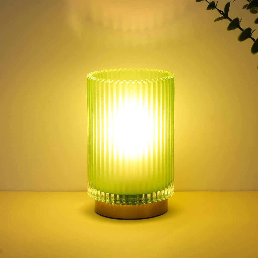 Amber Glass Battery Operated Cordless Table Lamp with Timer, Warm LED Bedside Lamp for Bedroom Bathroom