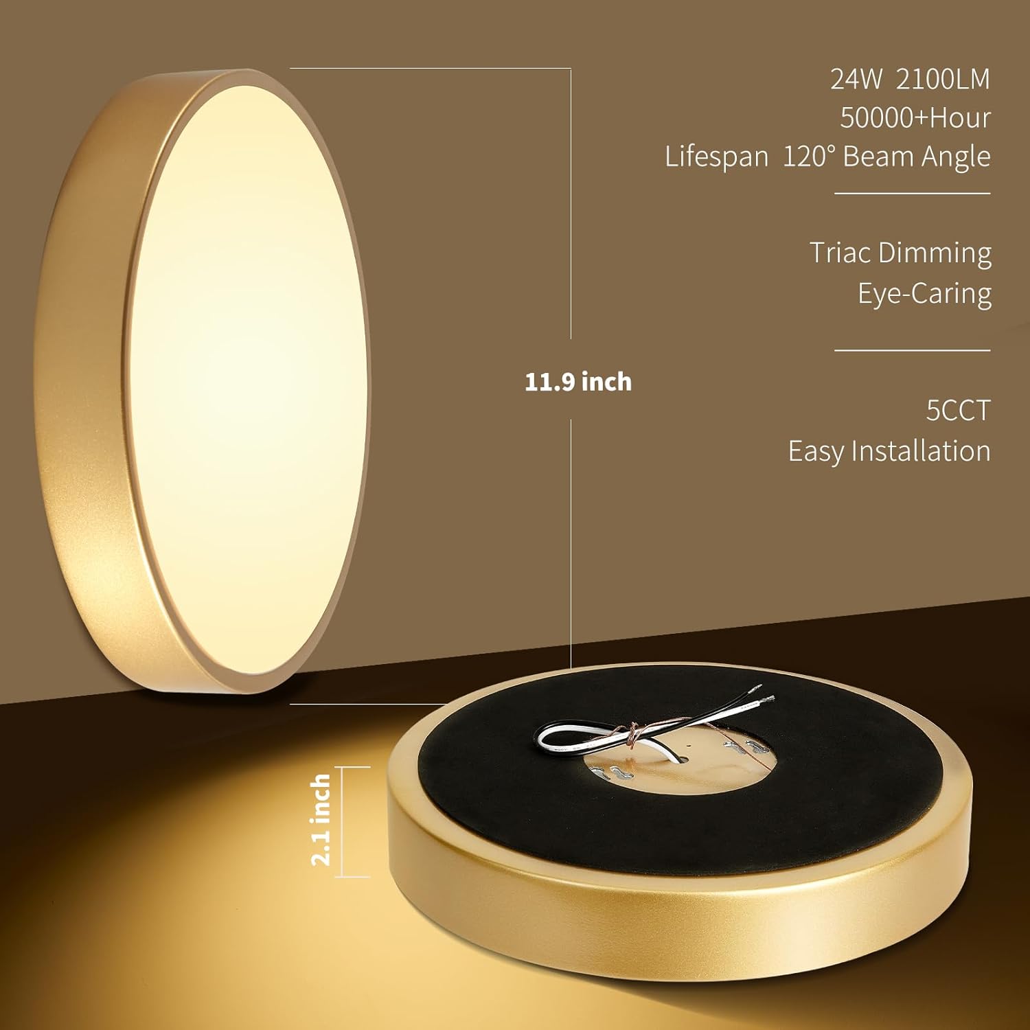 12 Inch Gold Dimmable LED Flush Mount Ceiling Light 24W 5CCT for Bedroom Kitchen Hallway