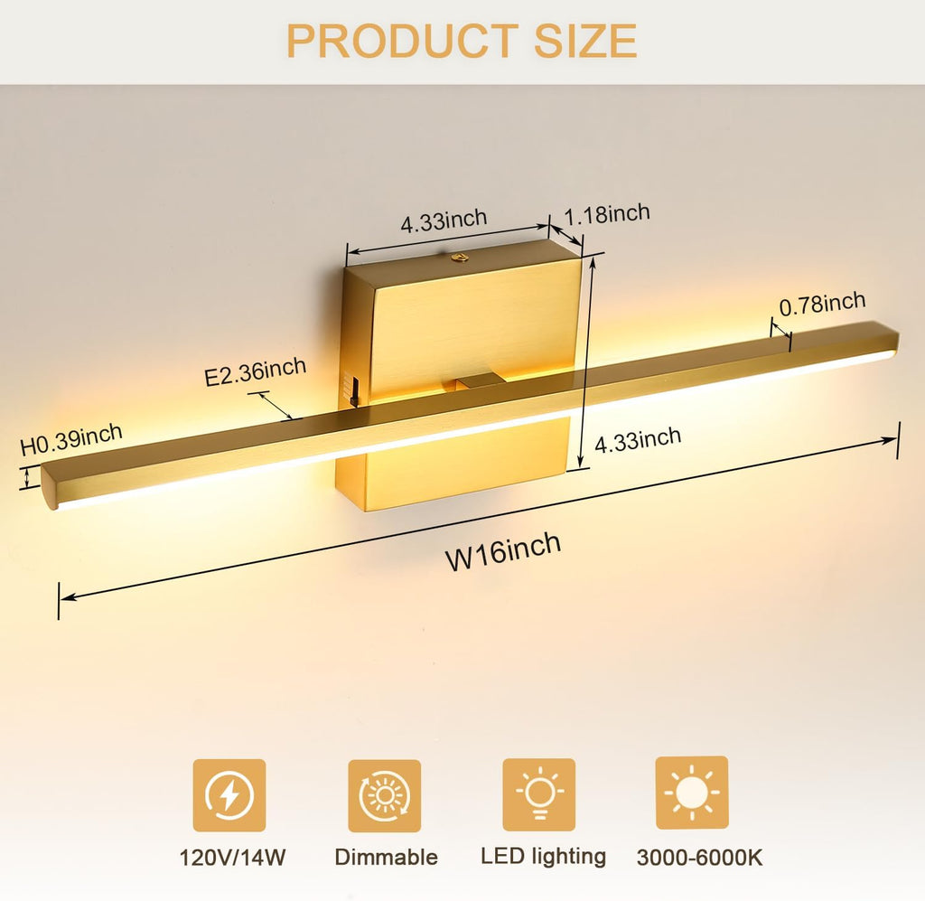 Brushed Gold Vanity Light 16 Inch Modern Bathroom Light Fixtures 14W Wall Vanity Lamp Over Mirror, Dimmable 5CCT LED Wall Sconce for Bedroom Cabinets UL Certificated