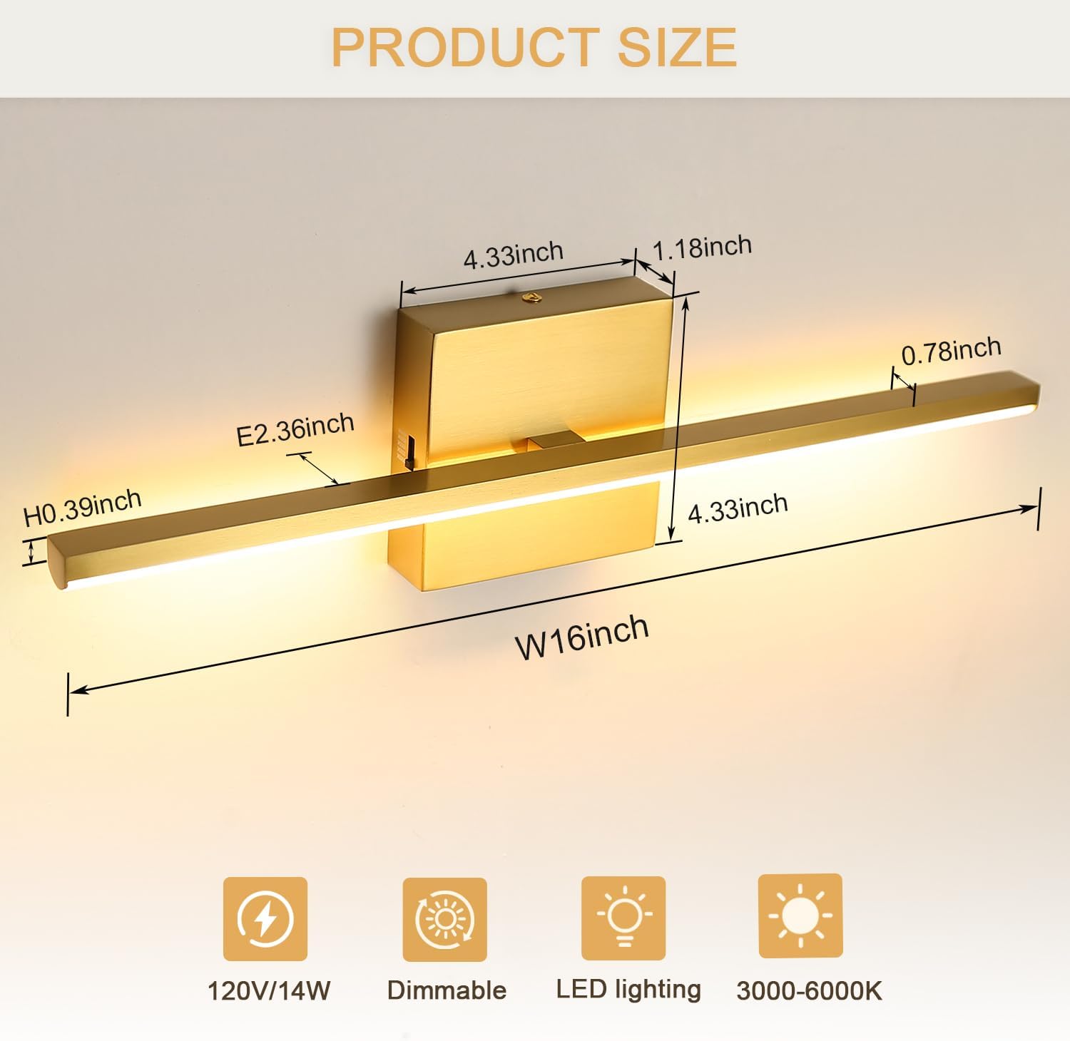 Brushed Gold Vanity Light 16 Inch Modern Bathroom Light Fixtures 14W Wall Vanity Lamp Over Mirror, Dimmable 5CCT LED Wall Sconce for Bedroom Cabinets UL Certificated