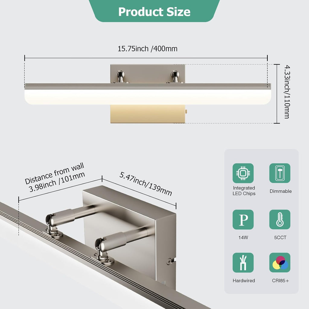Brushed Nickel Vanity Light, 15.7” Dimmable LED Bathroom Light Bar with 5CCT, Adjustable Angle – Modern Wall Lighting for Bathroom, Powder Room, Bedroom, Apartment, Hotel