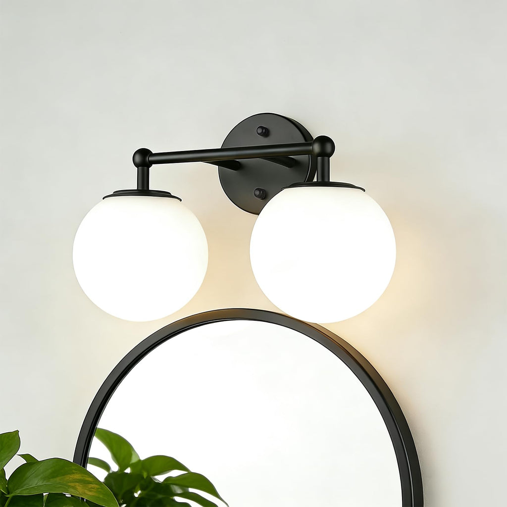 3-Light Black Bathroom Vanity Light with Milky White Glass Globe Shade, Modern Wall Sconce for Mirror Bedroom