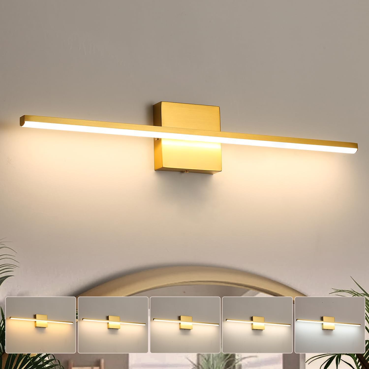 Brushed Gold Vanity Light 16 Inch Modern Bathroom Light Fixtures 14W Wall Vanity Lamp Over Mirror, Dimmable 5CCT LED Wall Sconce for Bedroom Cabinets UL Certificated