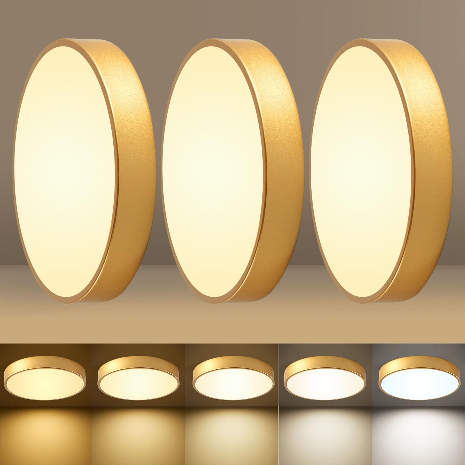12 Inch Gold Dimmable LED Flush Mount Ceiling Light 24W 5CCT for Bedroom Kitchen Hallway