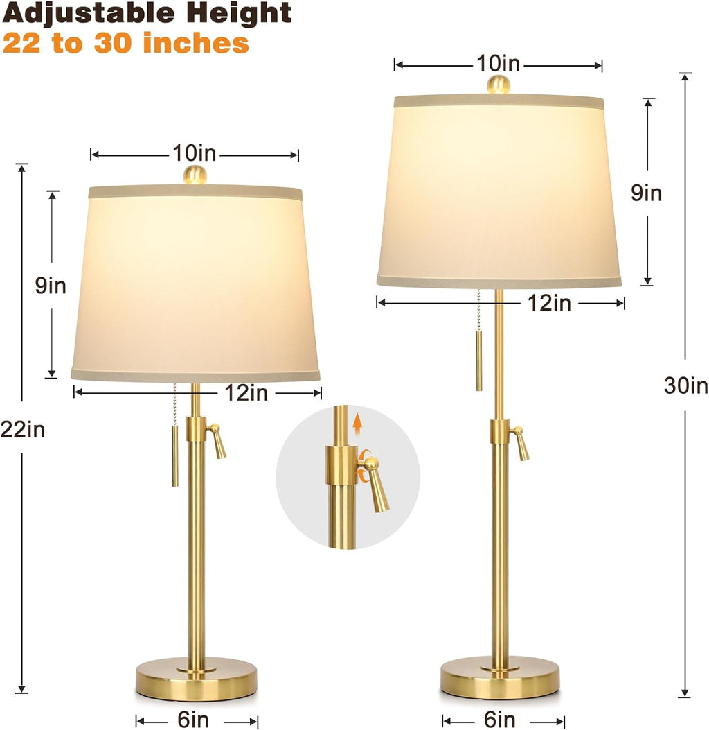 JUNNAI 2 Pack 22"-30" Adjustable Height Table Lamps Set, Modern Gold Table Lamps with White Shade 3 Colour Temperature Pull Chain Tall Lamps for Living Room Bedroom Bedside End Table Nightstand
