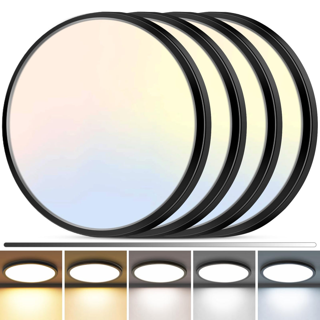 zemty 4Pack LED Flush Mount Ceiling Light, 12 Inch 24W Dimmable Round Ceiling Fixture, Black Low Profile Hardwired Ceiling Lamp for Bedroom, Kitchen, Hallway & Bathroom