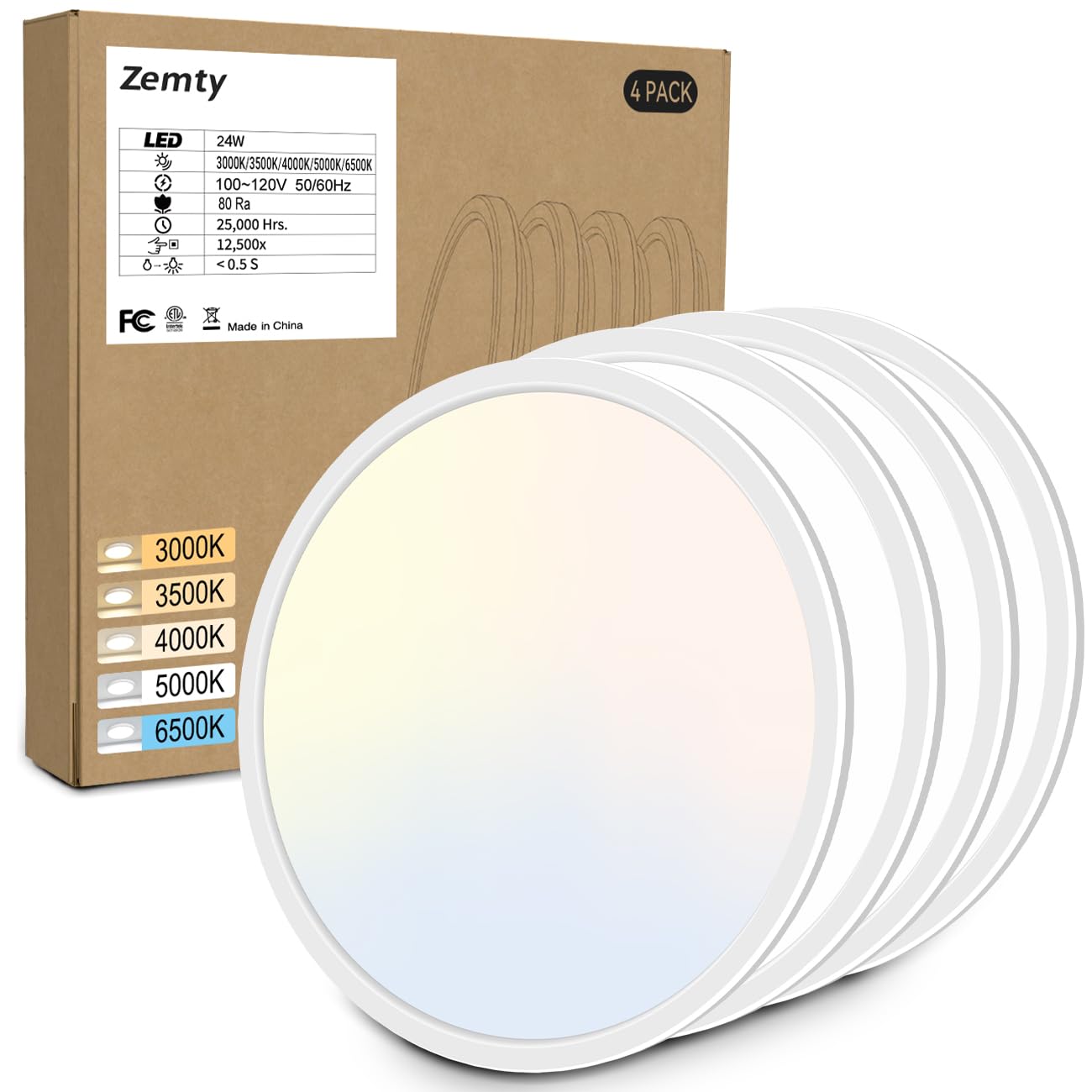 zemty 6Pack 12-Inch LED Flush Mount Ceiling Lights, 24W 3200Lumens 5 CCT Adjustable (3000K-6500K), Round Bright Light Fixture for Bedroom Kitchen Bathroom Hallway Closet(White)