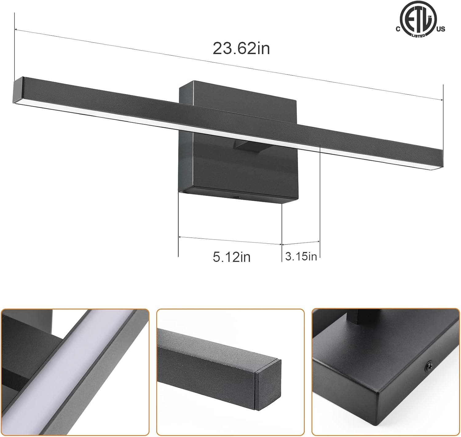 VOLISUN Modern Bathroom Vanity Light 23.6 inch, 14W Dimmable 5CCT Led Bathroom Light Fixture Over Mirror, Black Bar Vanity Light for Bathrooms Mirror Cabinets Bedroom-ETL Certificated