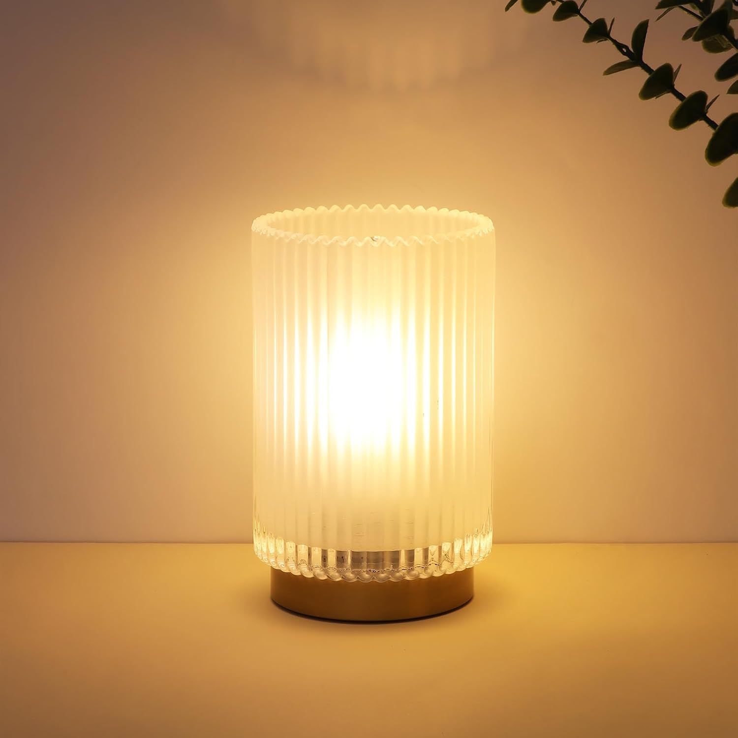 Amber Glass Battery Operated Cordless Table Lamp with Timer, Warm LED Bedside Lamp for Bedroom Bathroom