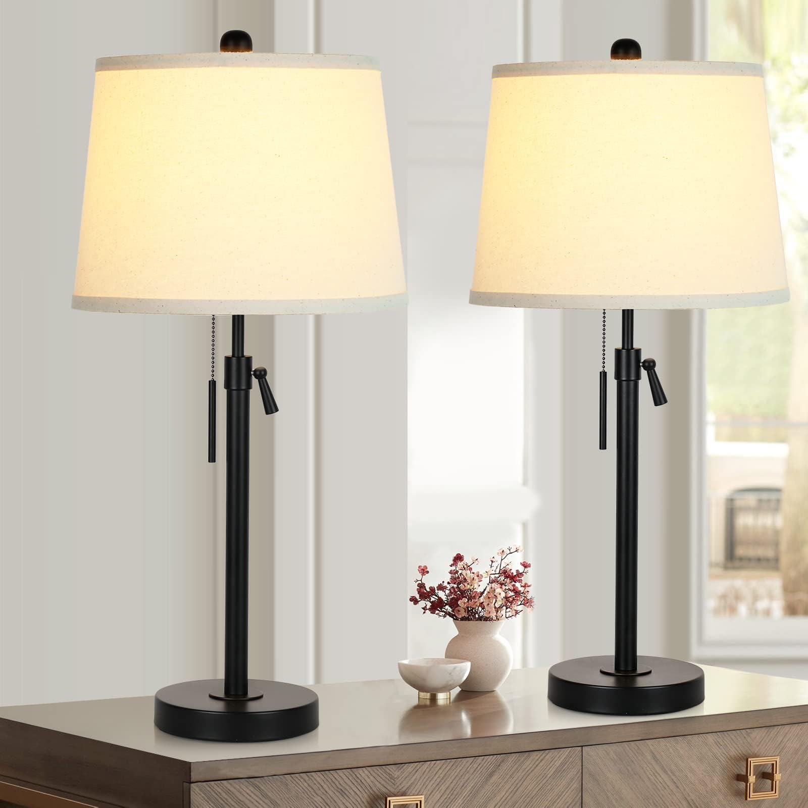 JUNNAI 2 Pack 22"-30" Adjustable Height Table Lamps Set, Modern Gold Table Lamps with White Shade 3 Colour Temperature Pull Chain Tall Lamps for Living Room Bedroom Bedside End Table Nightstand