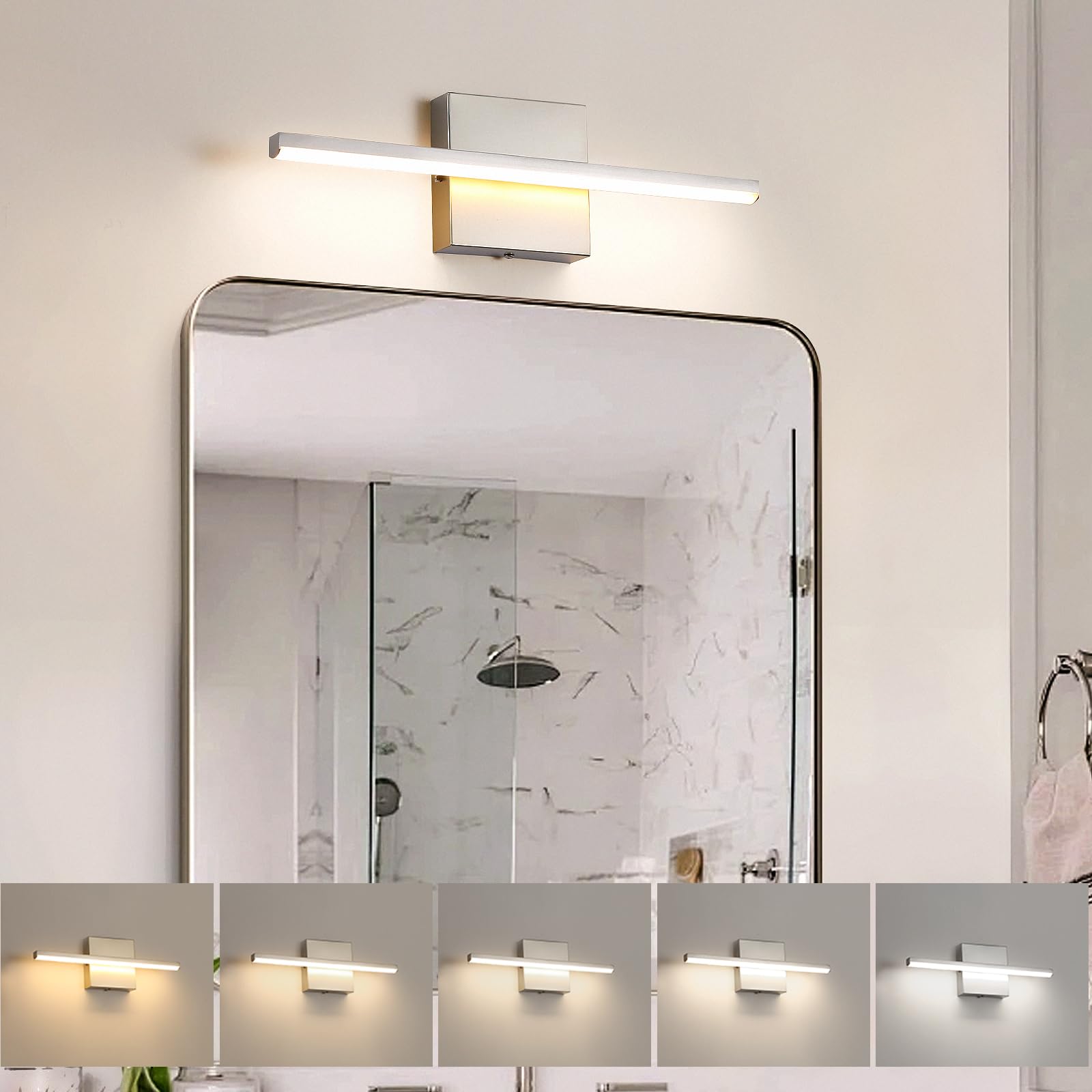 Brushed Gold Vanity Light 16 Inch Modern Bathroom Light Fixtures 14W Wall Vanity Lamp Over Mirror, Dimmable 5CCT LED Wall Sconce for Bedroom Cabinets UL Certificated