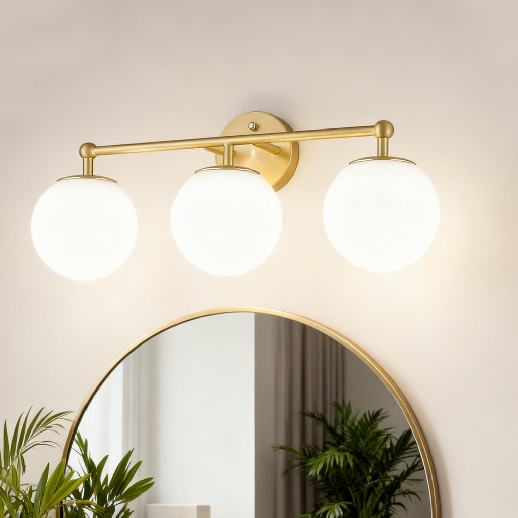 3-Light Black Bathroom Vanity Light with Milky White Glass Globe Shade, Modern Wall Sconce for Mirror Bedroom