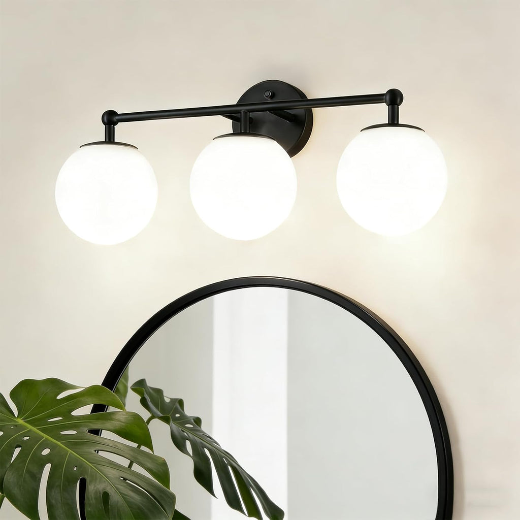3-Light Black Bathroom Vanity Light with Milky White Glass Globe Shade, Modern Wall Sconce for Mirror Bedroom