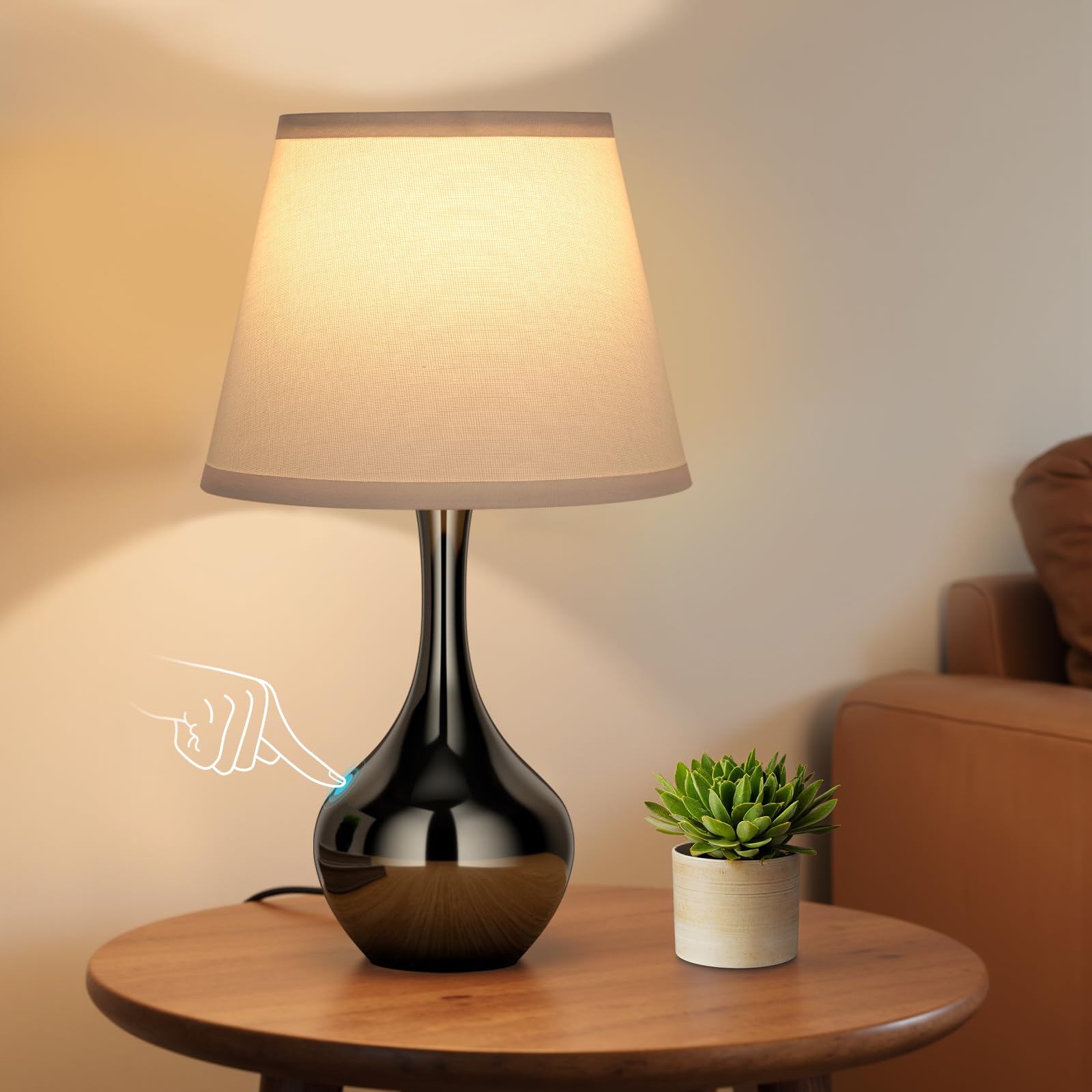Seealle 16.1" Touch Table Lamps for Nightstand, 3-Way Dimmable Small Bedroom Lamps for Night Stands, Black Bedside Lamps for Living Room, Kids Room, End Table