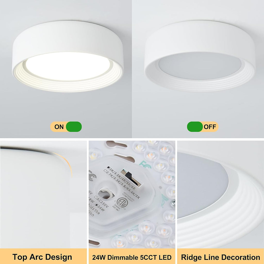 Dimmable Flush Mount Ceiling Light White,24W LED Ceiling Light Fixture,3000K-6500K 5CCT Round 11.81 in Modern Lighting Fixtures for Laundry Room Hallway Kitchen