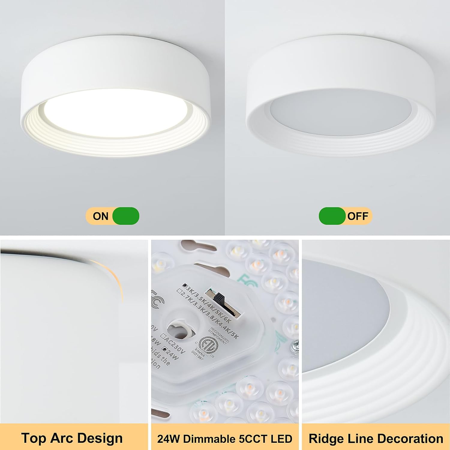 Dimmable Flush Mount Ceiling Light White,24W LED Ceiling Light Fixture,3000K-6500K 5CCT Round 11.81 in Modern Lighting Fixtures for Laundry Room Hallway Kitchen