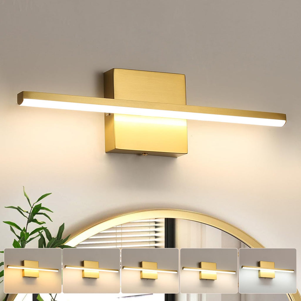 Brushed Gold Vanity Light 16 Inch Modern Bathroom Light Fixtures 14W Wall Vanity Lamp Over Mirror, Dimmable 5CCT LED Wall Sconce for Bedroom Cabinets UL Certificated