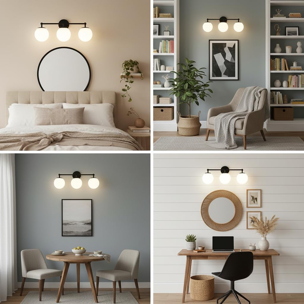 3-Light Black Bathroom Vanity Light with Milky White Glass Globe Shade, Modern Wall Sconce for Mirror Bedroom