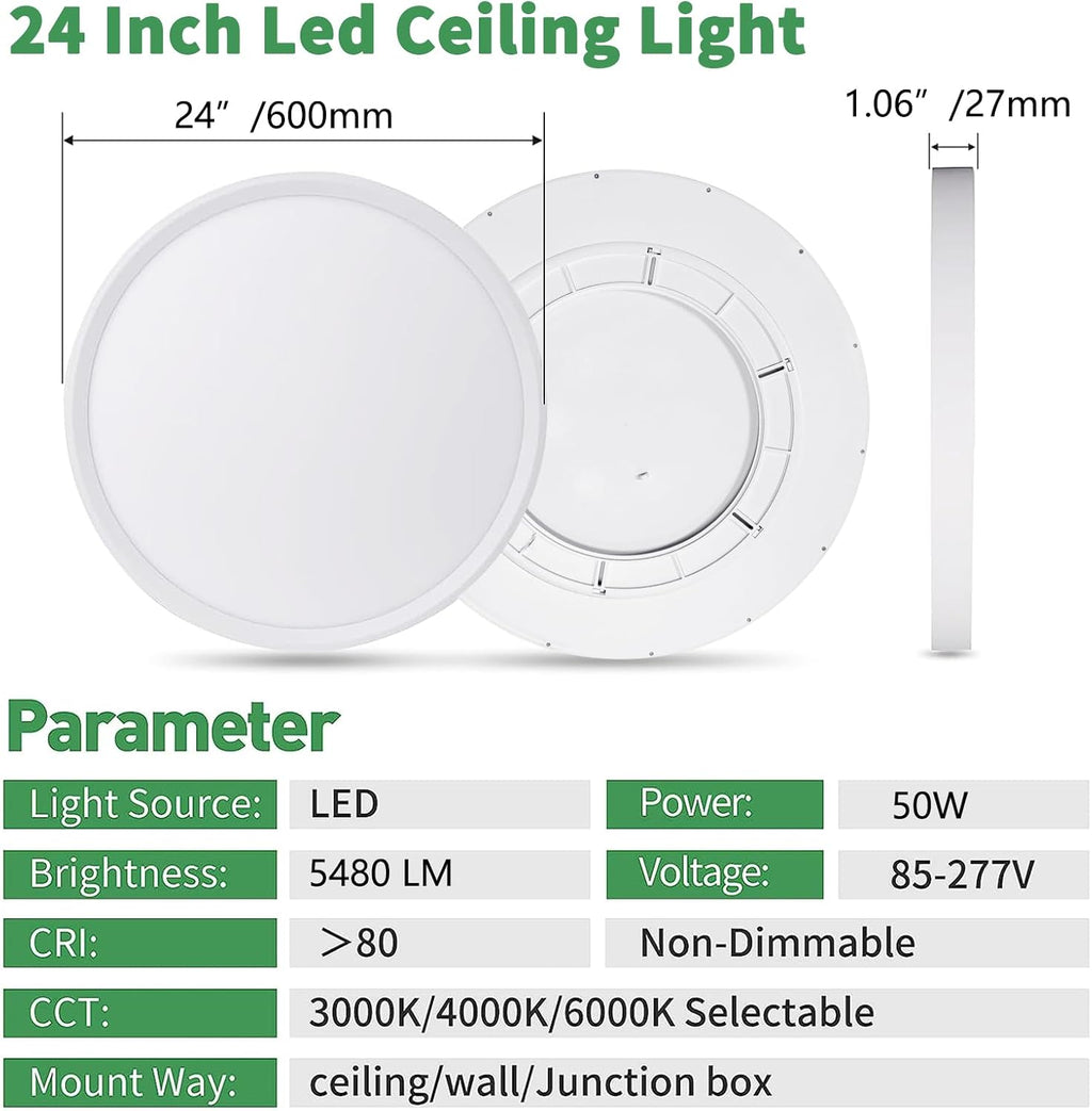 24 Inch Large LED Flush Mount Ceiling Light, 50W,5480LM, 3000K/4000K/6000K CCT Selectable,White Round Flat Panel Low Profile Ceiling Light Fixtures for Hallway, Kitchen, Bedroom, Laundry Room