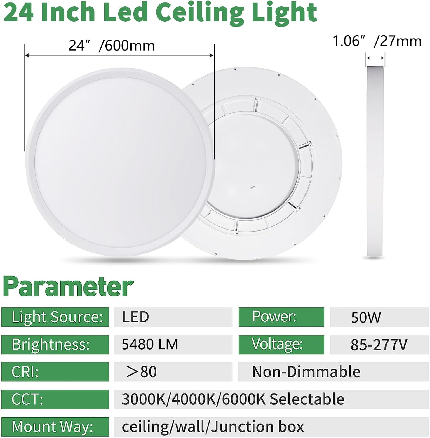 24 Inch Large LED Flush Mount Ceiling Light, 50W,5480LM, 3000K/4000K/6000K CCT Selectable,White Round Flat Panel Low Profile Ceiling Light Fixtures for Hallway, Kitchen, Bedroom, Laundry Room