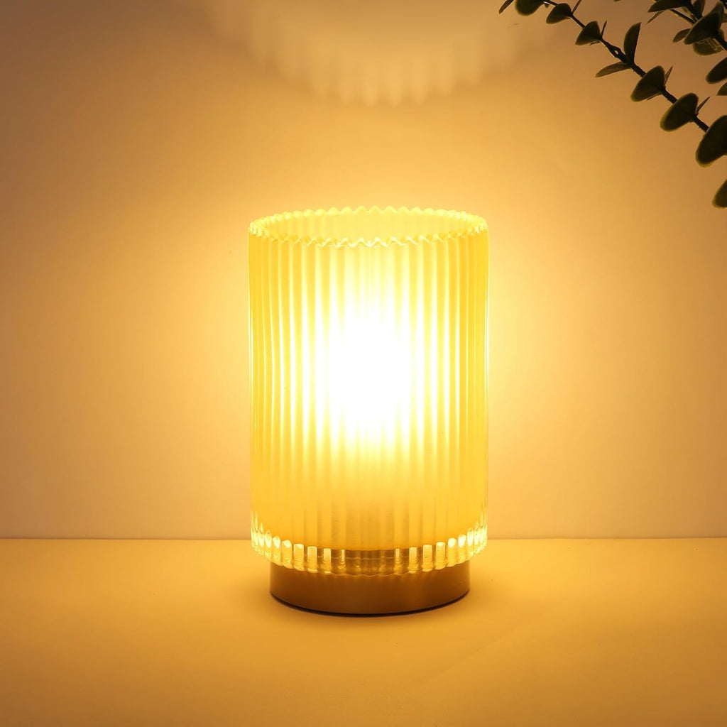 Amber Glass Battery Operated Cordless Table Lamp with Timer, Warm LED Bedside Lamp for Bedroom Bathroom