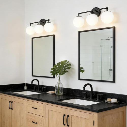 3-Light Black Bathroom Vanity Light with Milky White Glass Globe Shade, Modern Wall Sconce for Mirror Bedroom