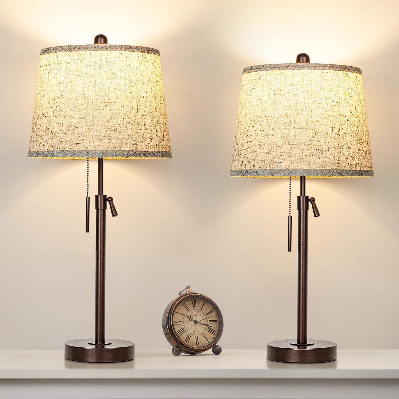 JUNNAI 2 Pack 22"-30" Adjustable Height Table Lamps Set, Modern Gold Table Lamps with White Shade 3 Colour Temperature Pull Chain Tall Lamps for Living Room Bedroom Bedside End Table Nightstand