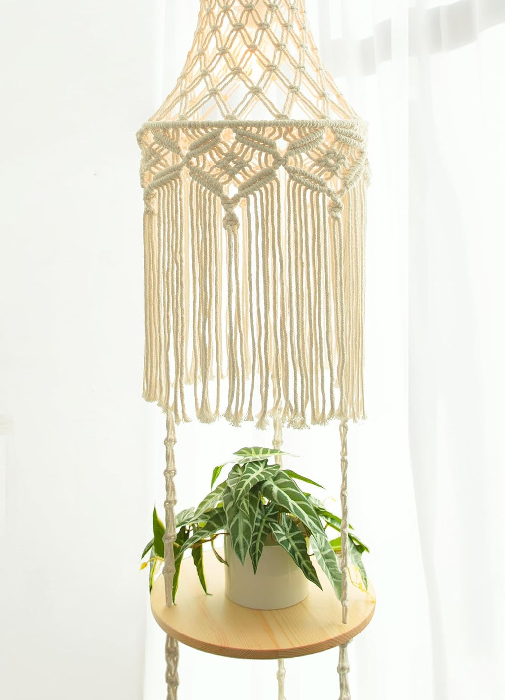 ANROYE 3-Tier Macrame Hanging Lamp Shelf, Boho Woven Corner Pendant Light Shade Plant Shelves with Plug Cord, Bohemian Hanging Bedside Ceiling Light Fixture, Farmhouse Decor for Bedroom Women Gift