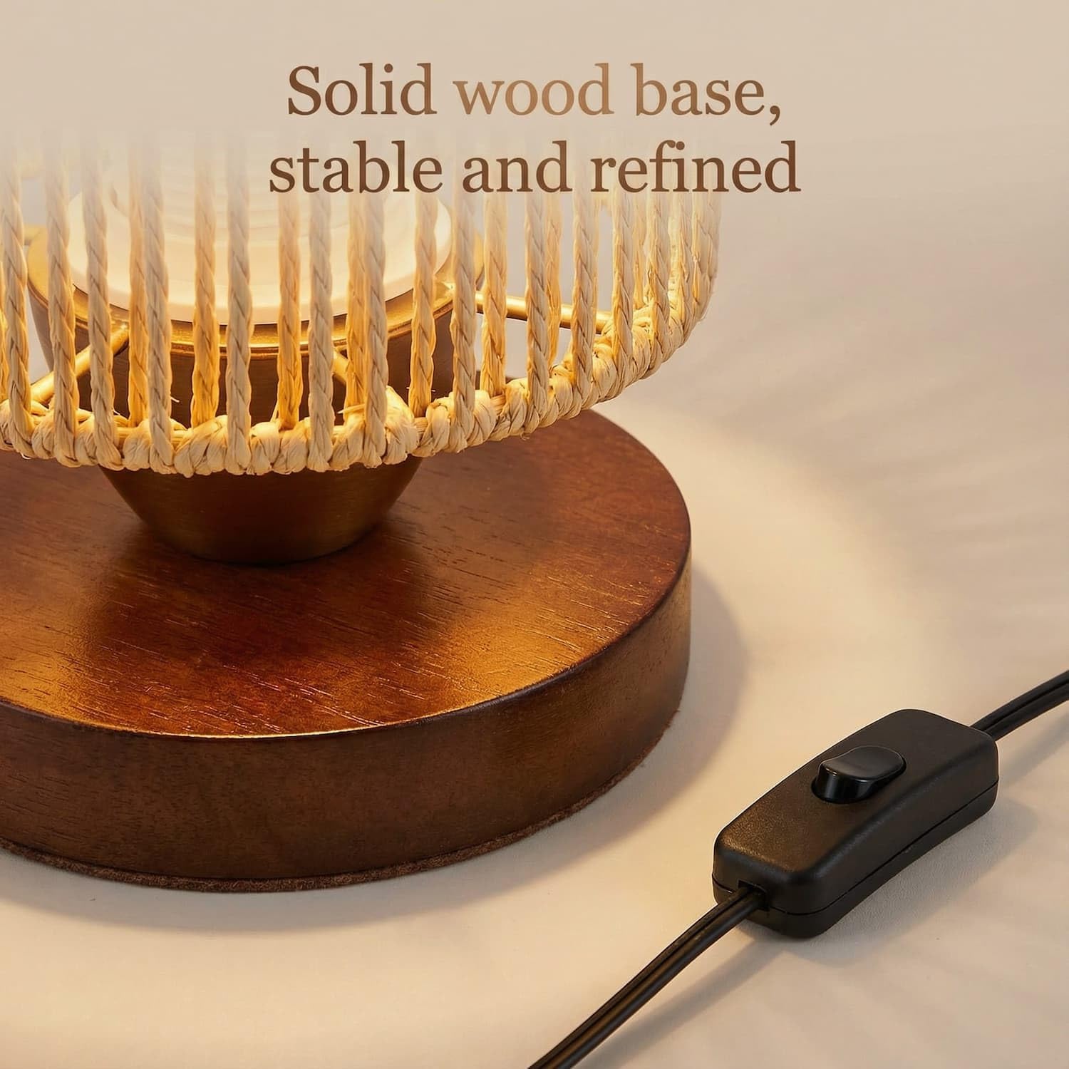 Small Rattan Table Lamp for Bedroom, Boho Bedside Lamp with Warm LED Bulb, Handwoven Wicker Nightstand Lamp for Nursery, Entryway & Dorm, Mini Ambient Night Light with Wood Base (8.6" Tall)
