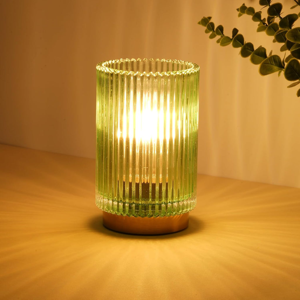 Amber Glass Battery Operated Cordless Table Lamp with Timer, Warm LED Bedside Lamp for Bedroom Bathroom