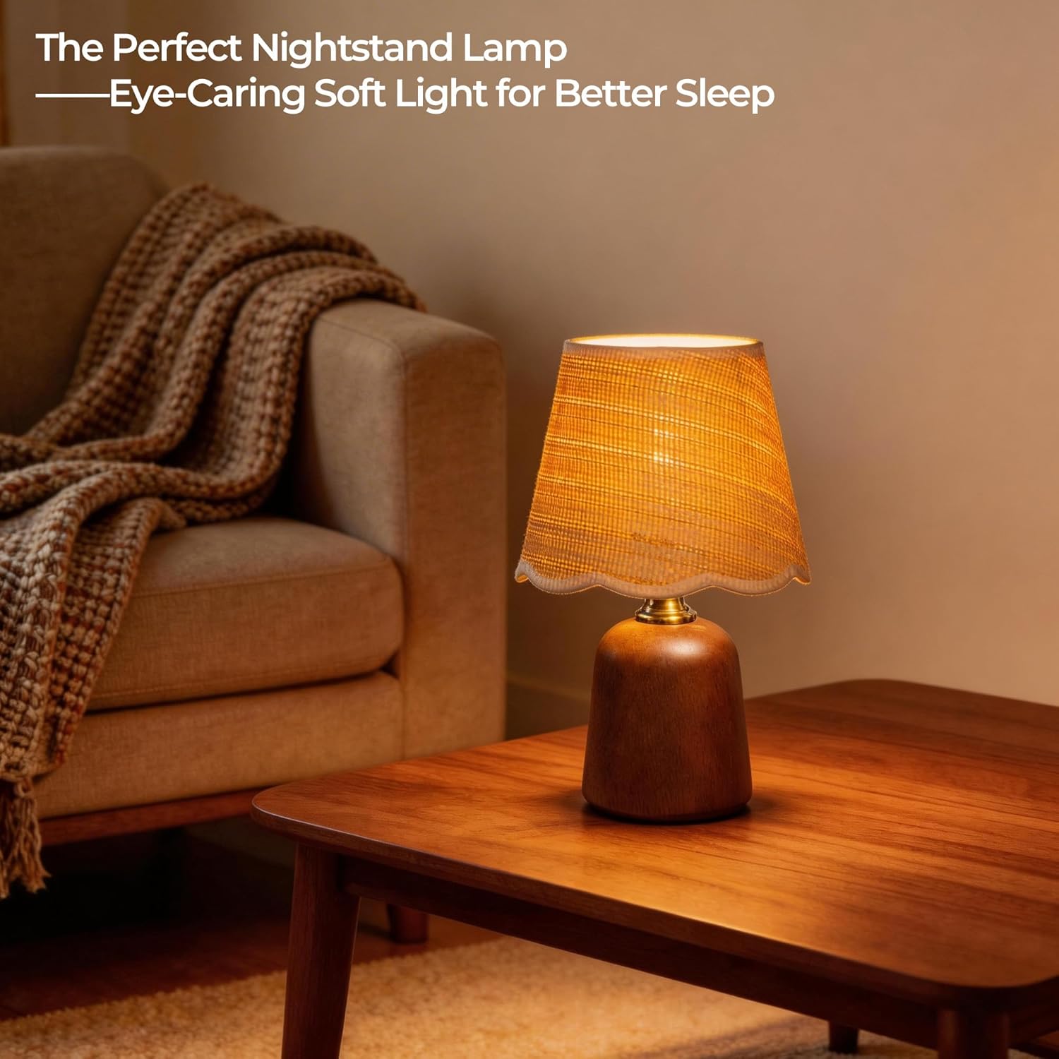 13" Solid Walnut Style Wood Small Table Lamp, Boho Bedside Lamp for Mid-Century Modern Decor, 3-Color Dimmable Woven Shade, Aesthetic Nightstand Light for Living Room, E26 LED Bulb Included