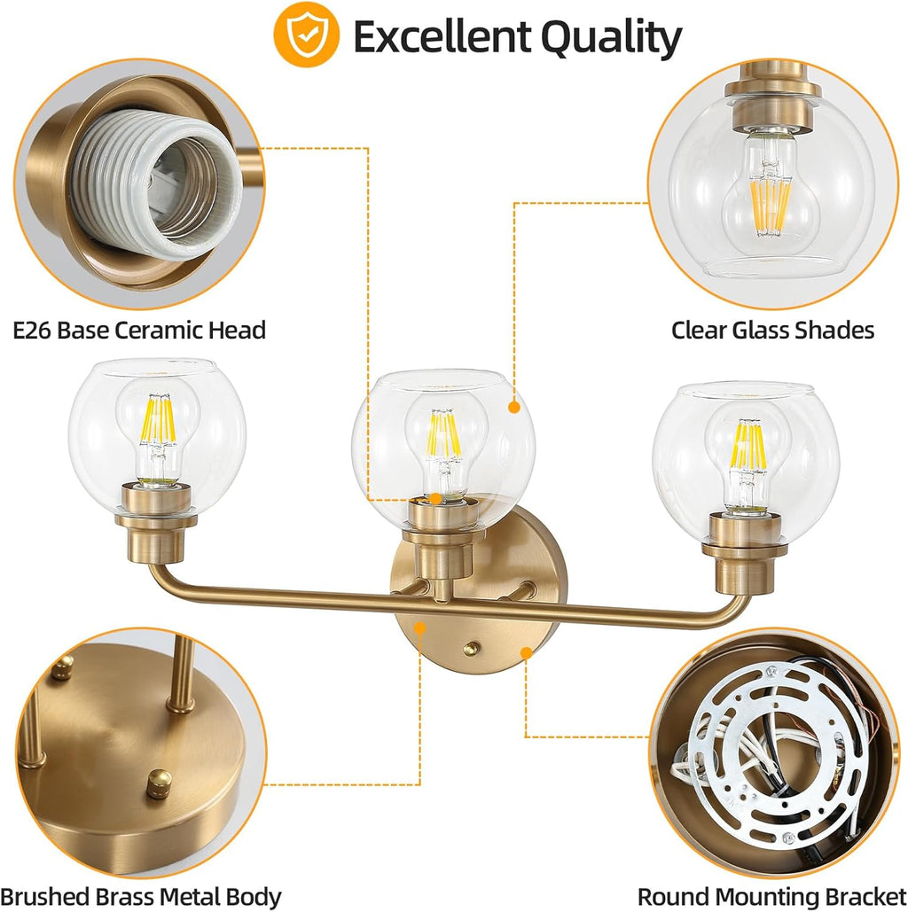 22 Inch Bathroom Light Fixtures Gold Vanity Light 3 Light Wall Sconces Lighting Brushed Brass Lights with Clear Globe Glass Shades Bath Wall Lamp for Mirror Living Room Bedroom Hallway