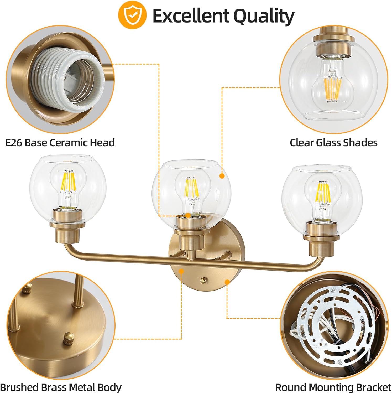 22 Inch Bathroom Light Fixtures Gold Vanity Light 3 Light Wall Sconces Lighting Brushed Brass Lights with Clear Globe Glass Shades Bath Wall Lamp for Mirror Living Room Bedroom Hallway