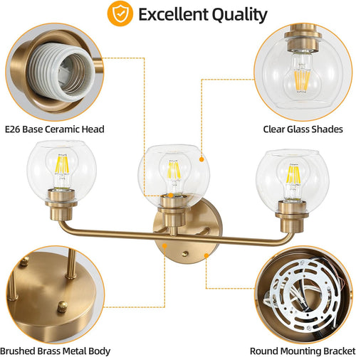 22 Inch Bathroom Light Fixtures Gold Vanity Light 3 Light Wall Sconces Lighting Brushed Brass Lights with Clear Globe Glass Shades Bath Wall Lamp for Mirror Living Room Bedroom Hallway