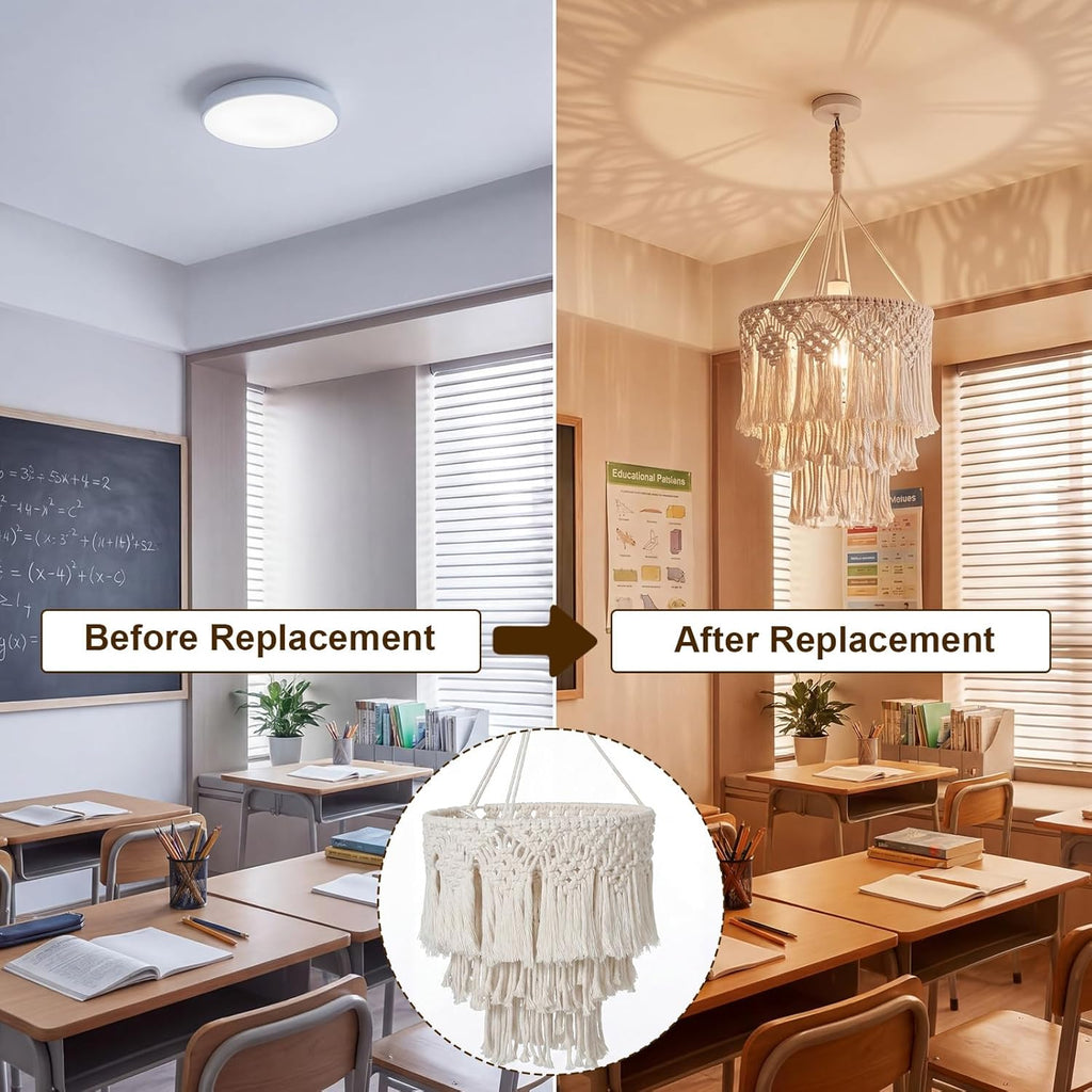 Hahafelt Boho Hanging Lamp Shade Boho Classroom Hanging Decoration Woven Macrame Lamp Shade 14x12 Inch Natural 3 Tier Tassel Pendant Light Cover for Bohemian Back to School Classroom Ceiling Decor